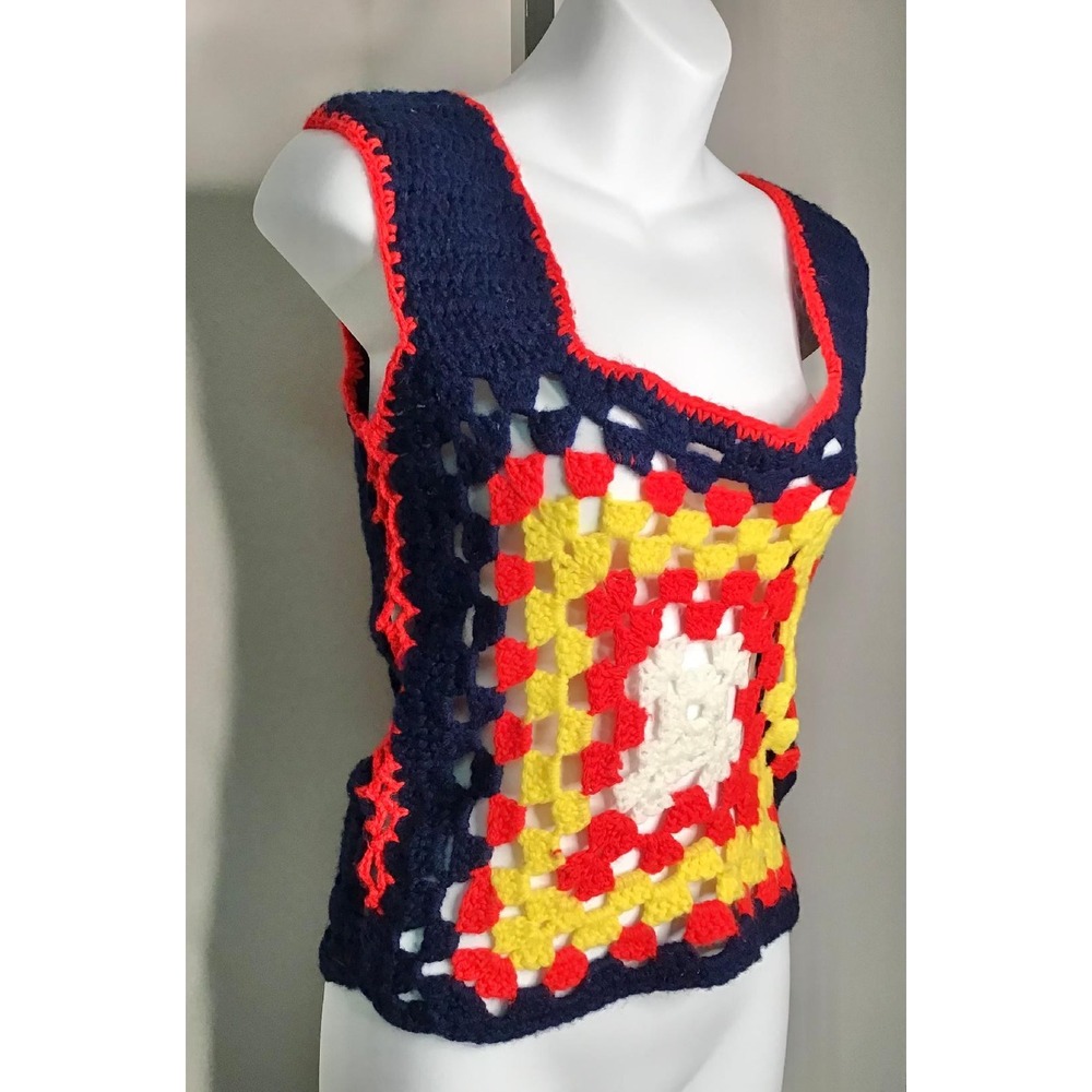 VTG 70's Handmade Crochet Granny Square Tank Top Navy Vest Small Boho Festival